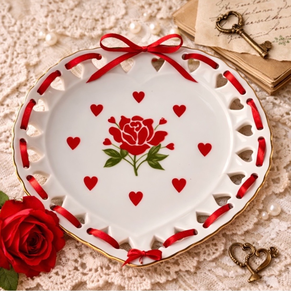 Romantic Heart-Shaped Plate with Red Rose Design